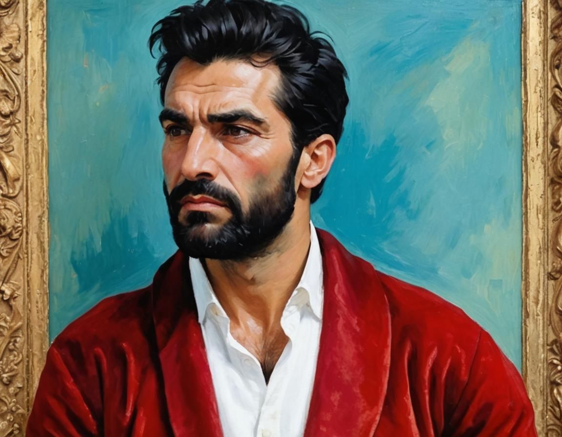 Brooding Man in Red Robe: Impressionist Style