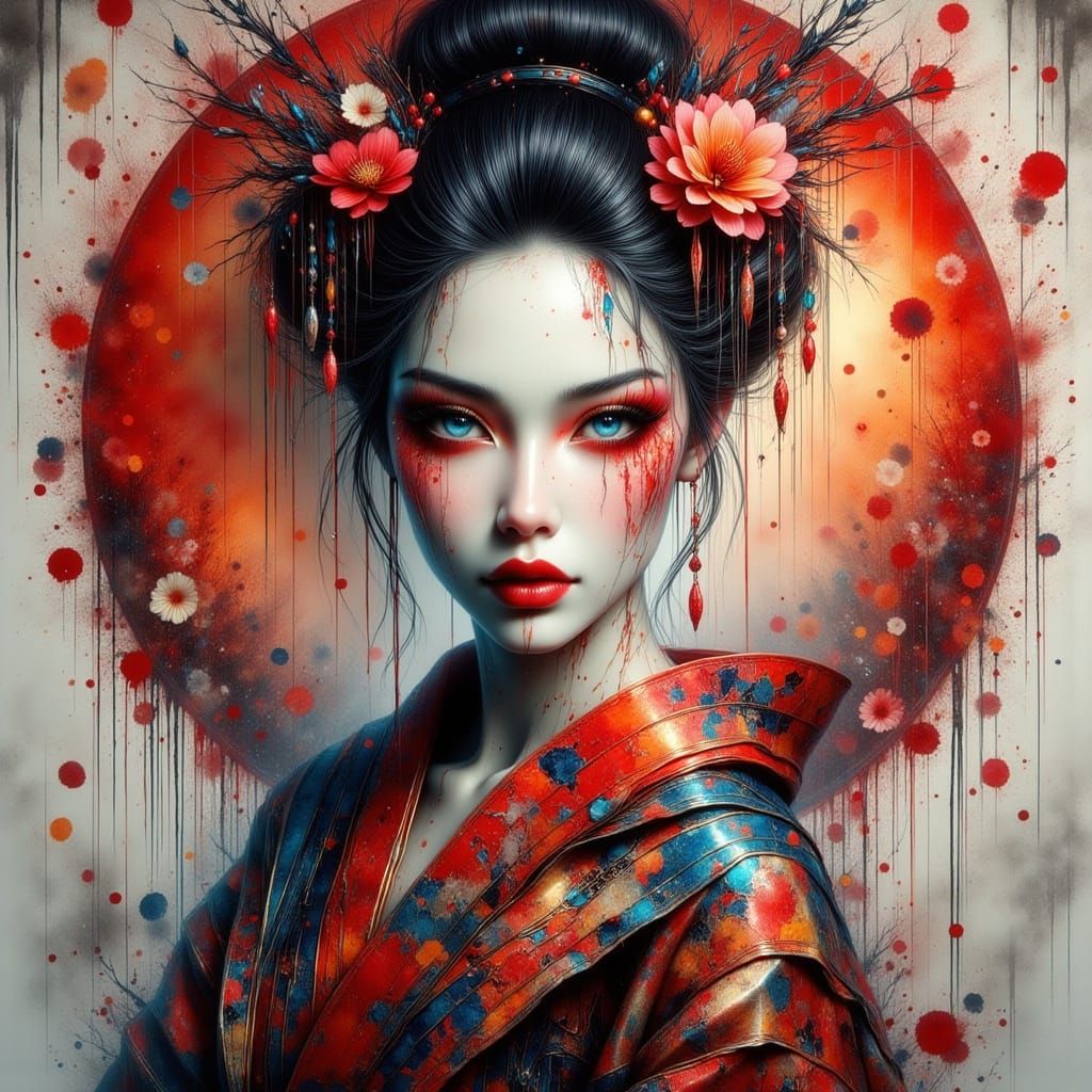 Stylized Geisha Portrait in Abstract Mixed Media Style