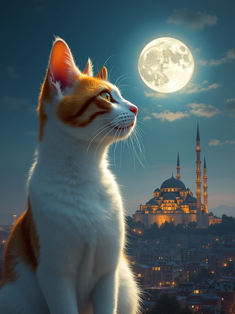 Whimsical Feline Contemplates Waning Moon