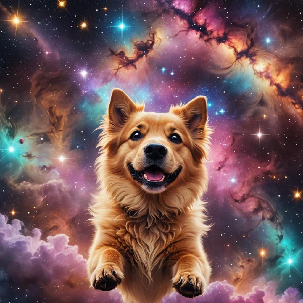 Joyful Dog Floating in Space: Vibrant Digital Art