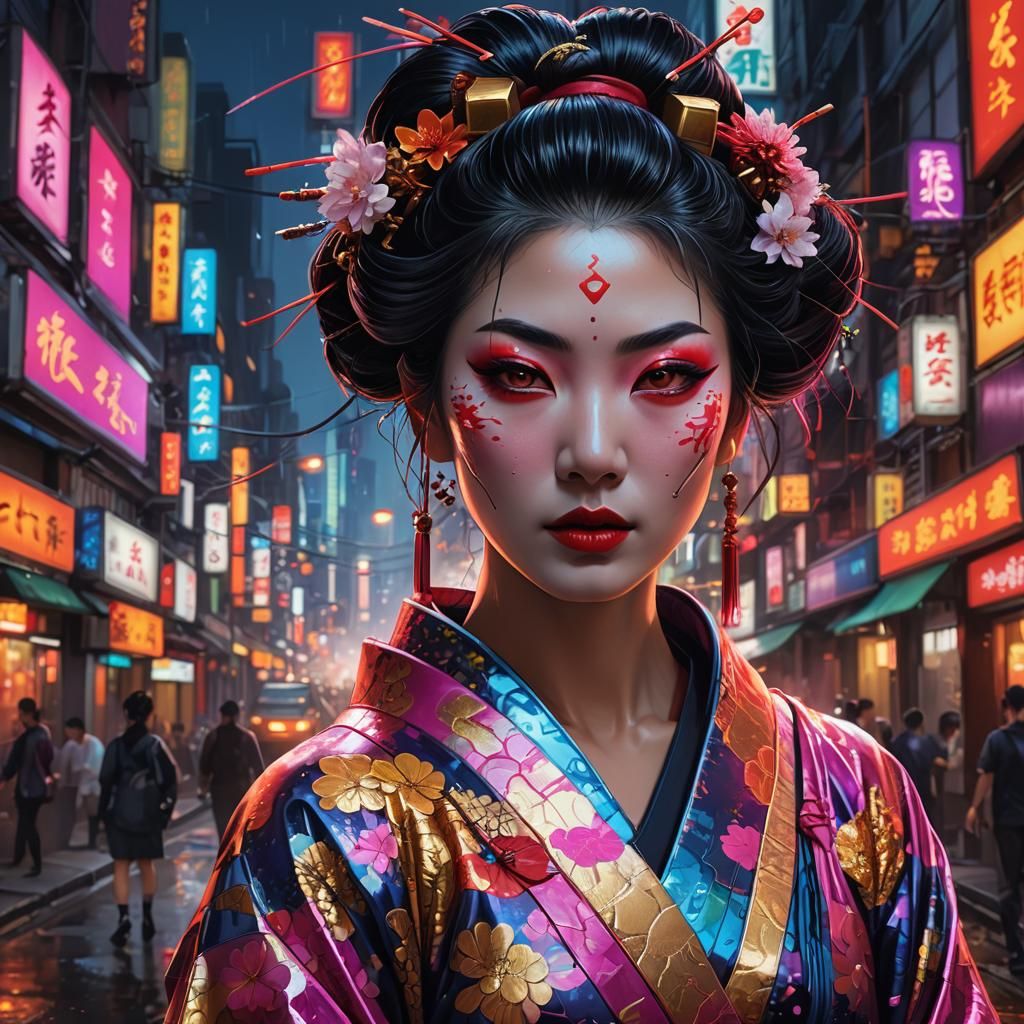 Geisha in Cityscape: Vibrant Splash Art Portrait