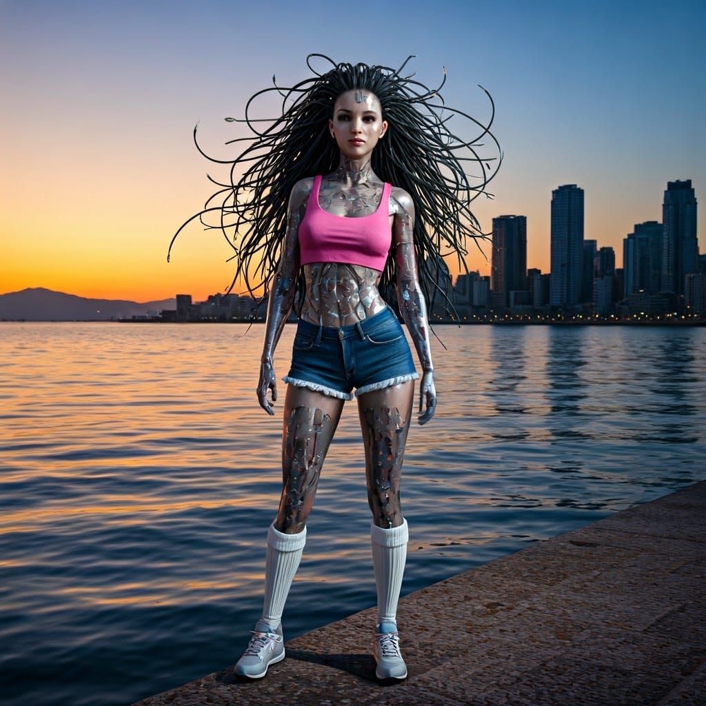 Cyborg Goddess Amidst Cyberpunk Skies