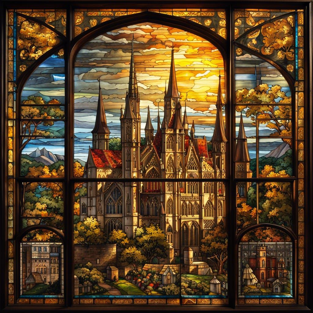 Gothic Castle in Golden Forest: Gouache Impressionist Painti...