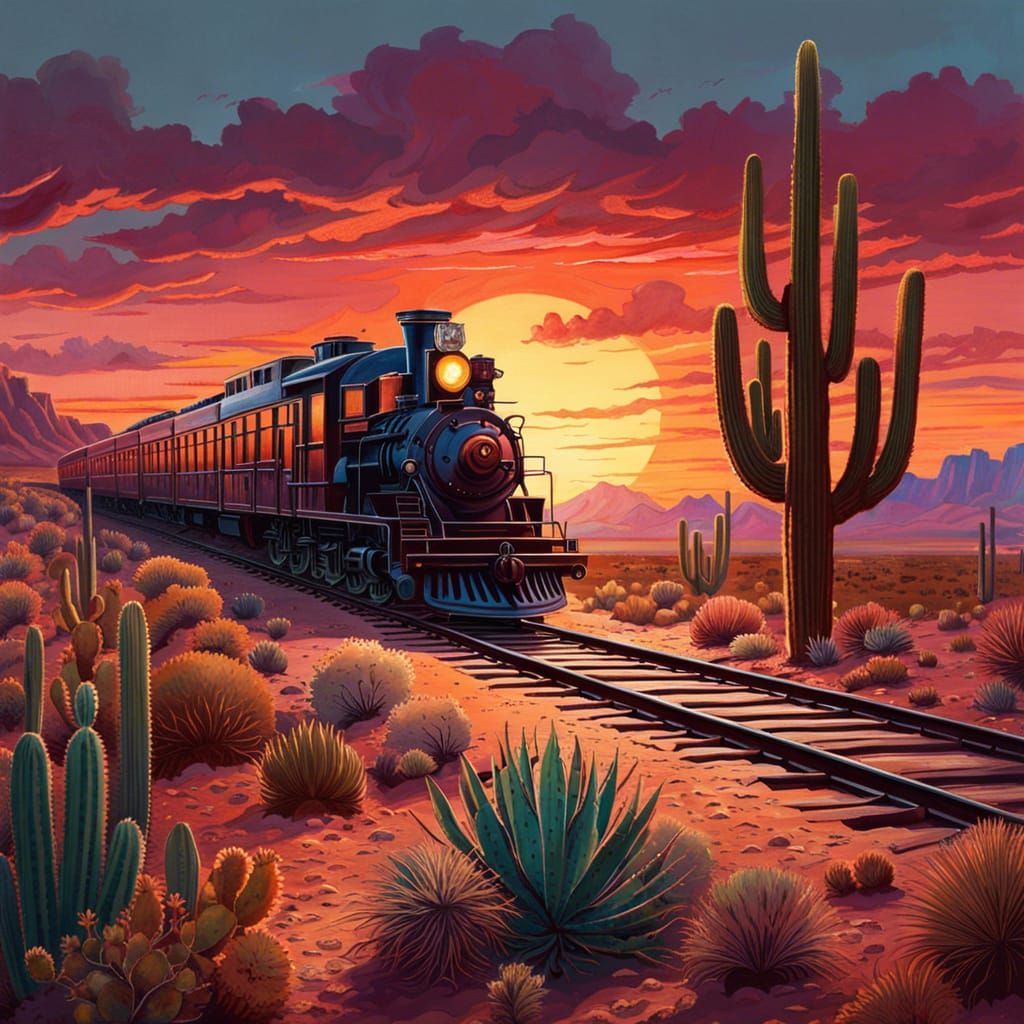 Western Train at Sunset: Watercolor Desert Scene