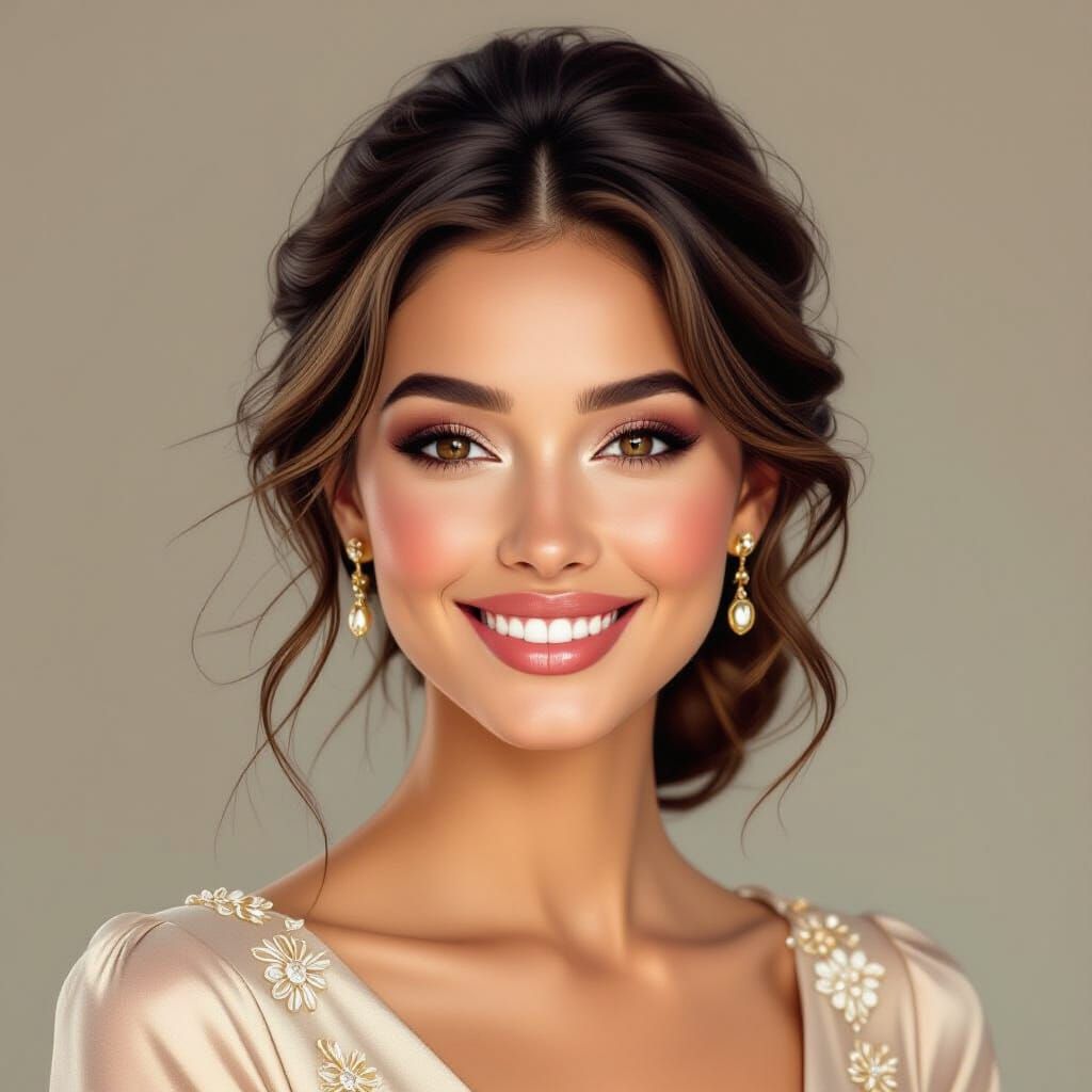 Hyperrealistic Portrait of Smiling Woman in Elegant Attire