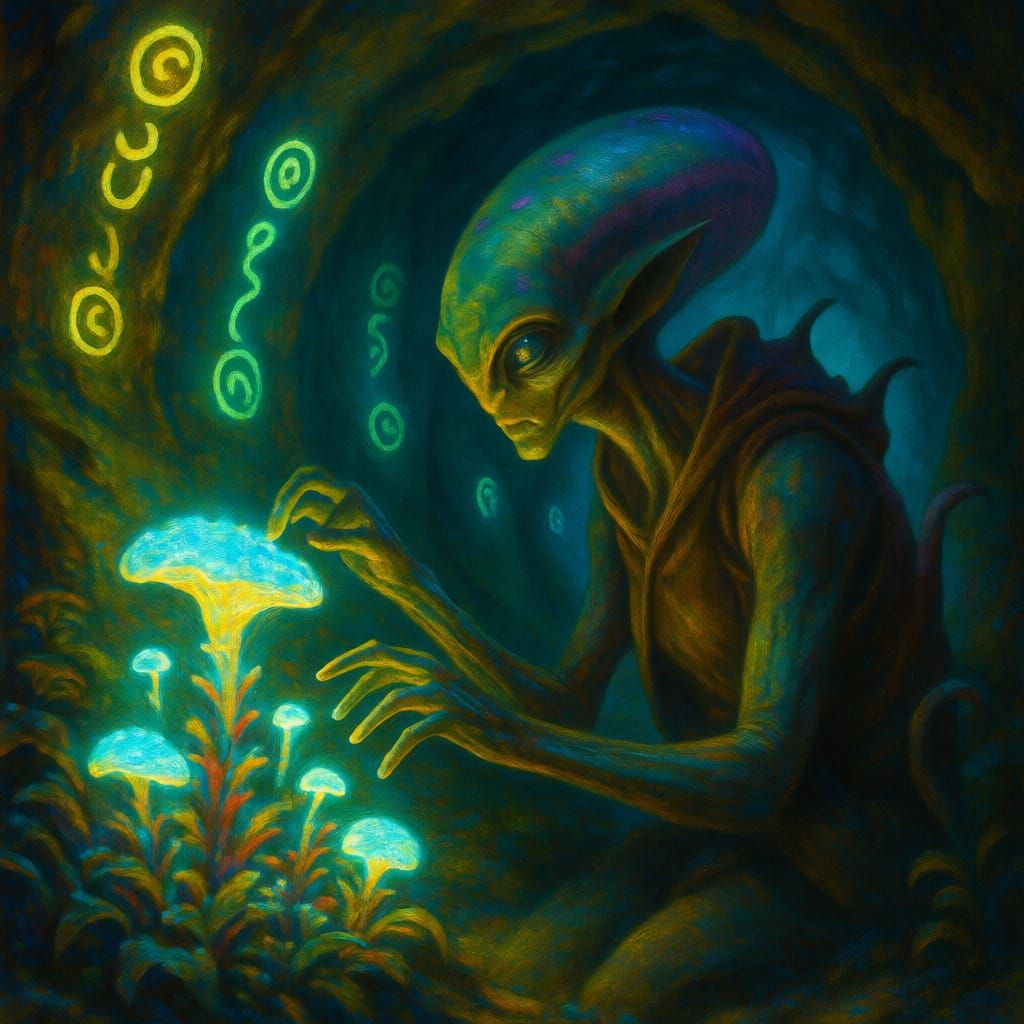 Alien Botanist Tends Bioluminescent Flora in Glowing Cavern