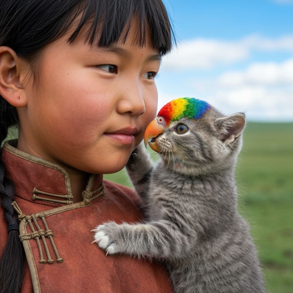 Girl with Parrot-Kitten Pet on Mongolian Steppe