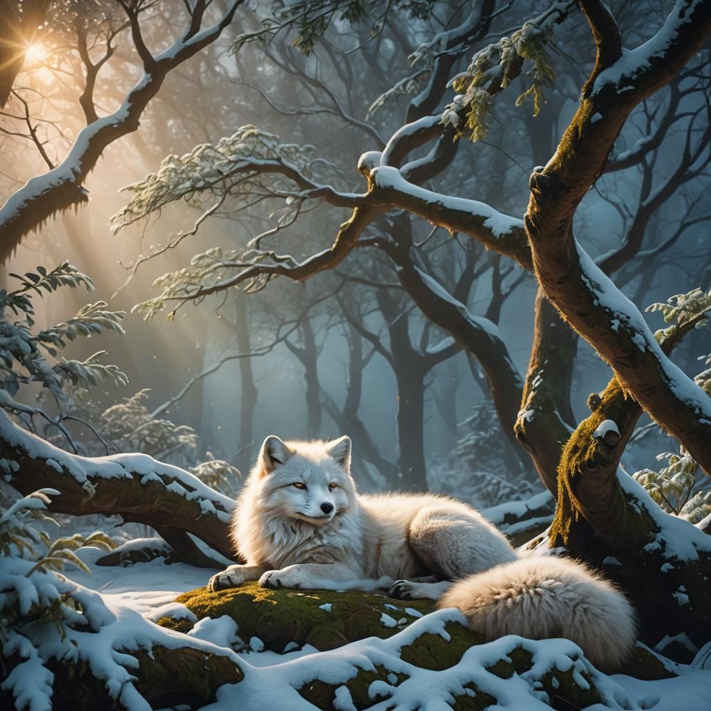 Arctic Fox Asleep in Misty Forest: Fantasy Concept Art