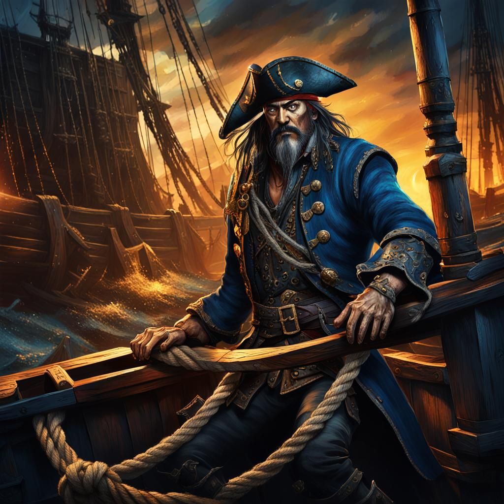 Medieval Pirate Confronts His Pirate Ship in a Dark Fantasy...