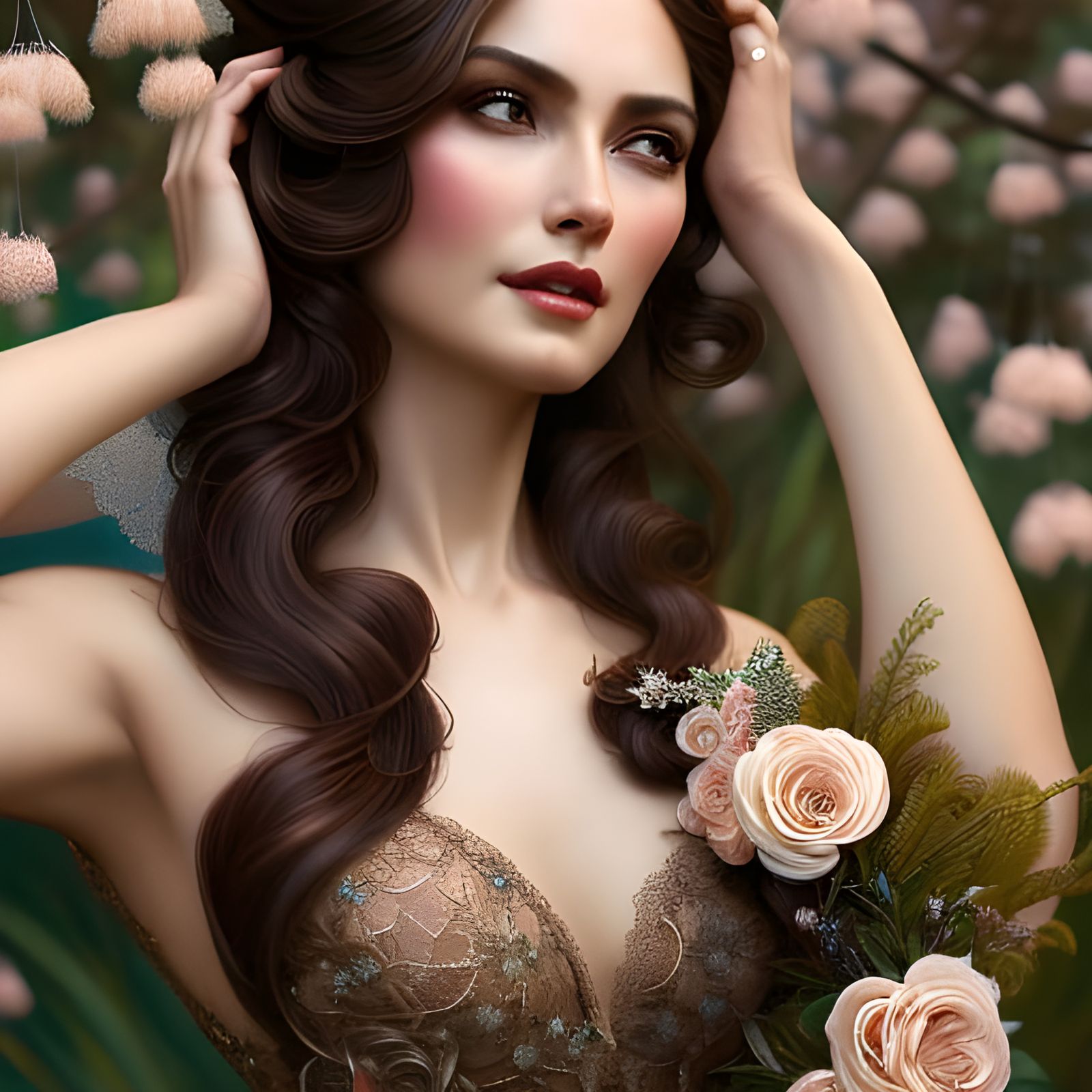 Happy Bride in Brown Lace Dress, Hyperdetailed Portrait