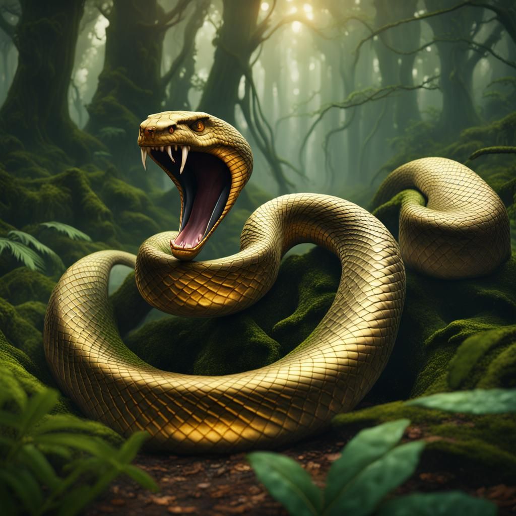 Golden King Cobra Fang in Green Forest