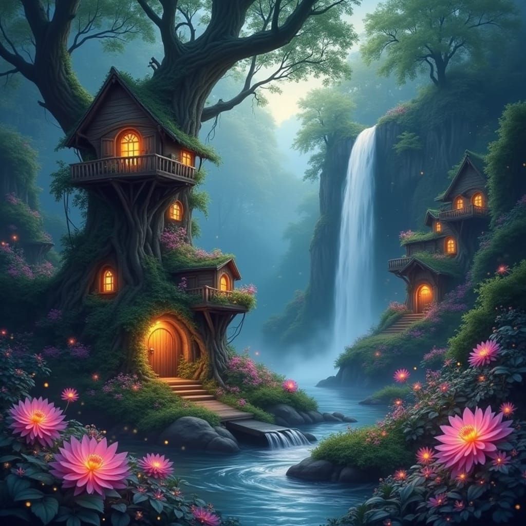 Magical Treehouse Town at Night with Fairy Lights