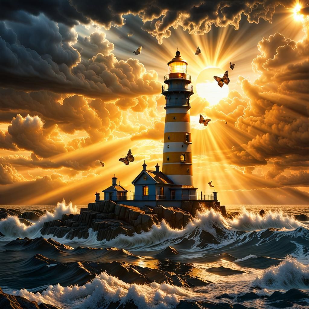 Eerie Lighthouse with Piercing Sun: Photorealistic CGI Rende...