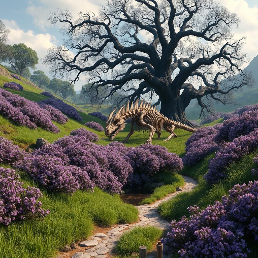 Lush Spring Landscape with Majestic Oak and Ancient Dragon S...