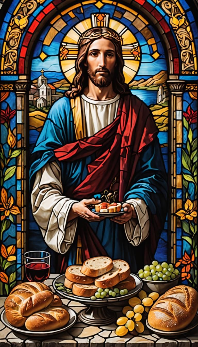 Jesus Offering Bread and Wine in Stained Glass Style