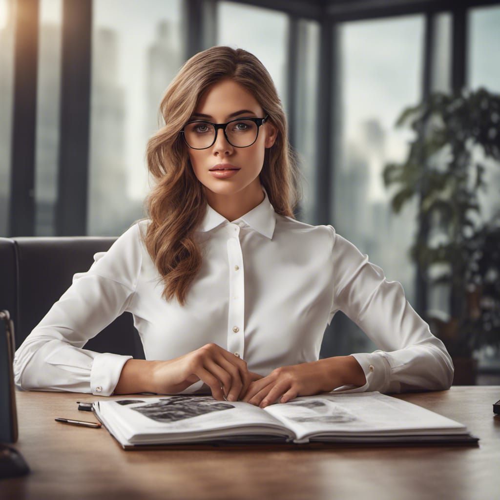 Beautiful Secretary in White Shirt, Hyperrealistic