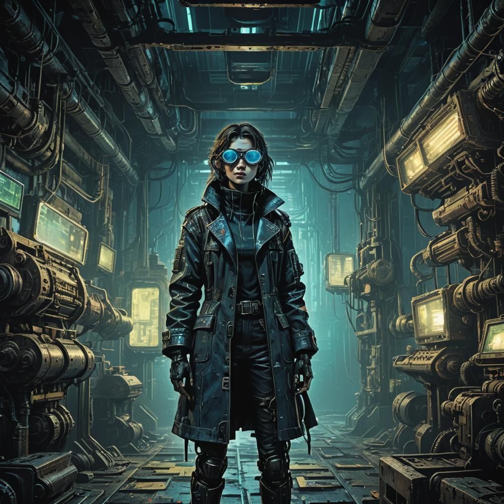 Cyberpunk Anime Woman in Retro-Futuristic Lab