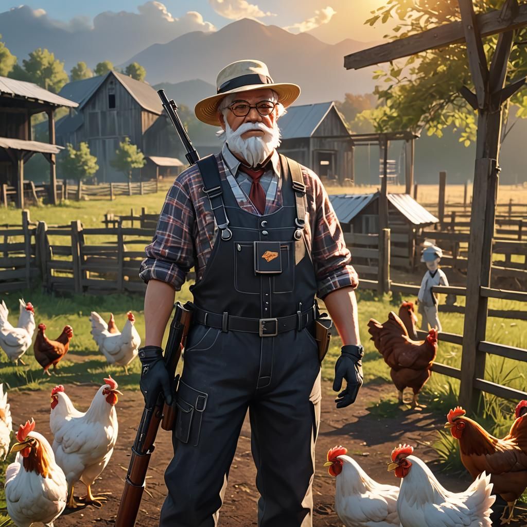 Hillbilly Colonel Sanders on Chicken Farm in 3D Anime Style
