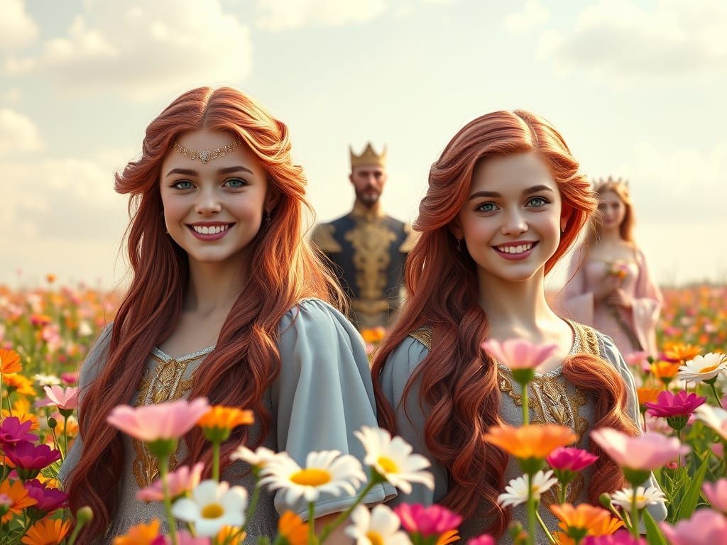 Medieval Princess Twins in a Vibrant Flower Field