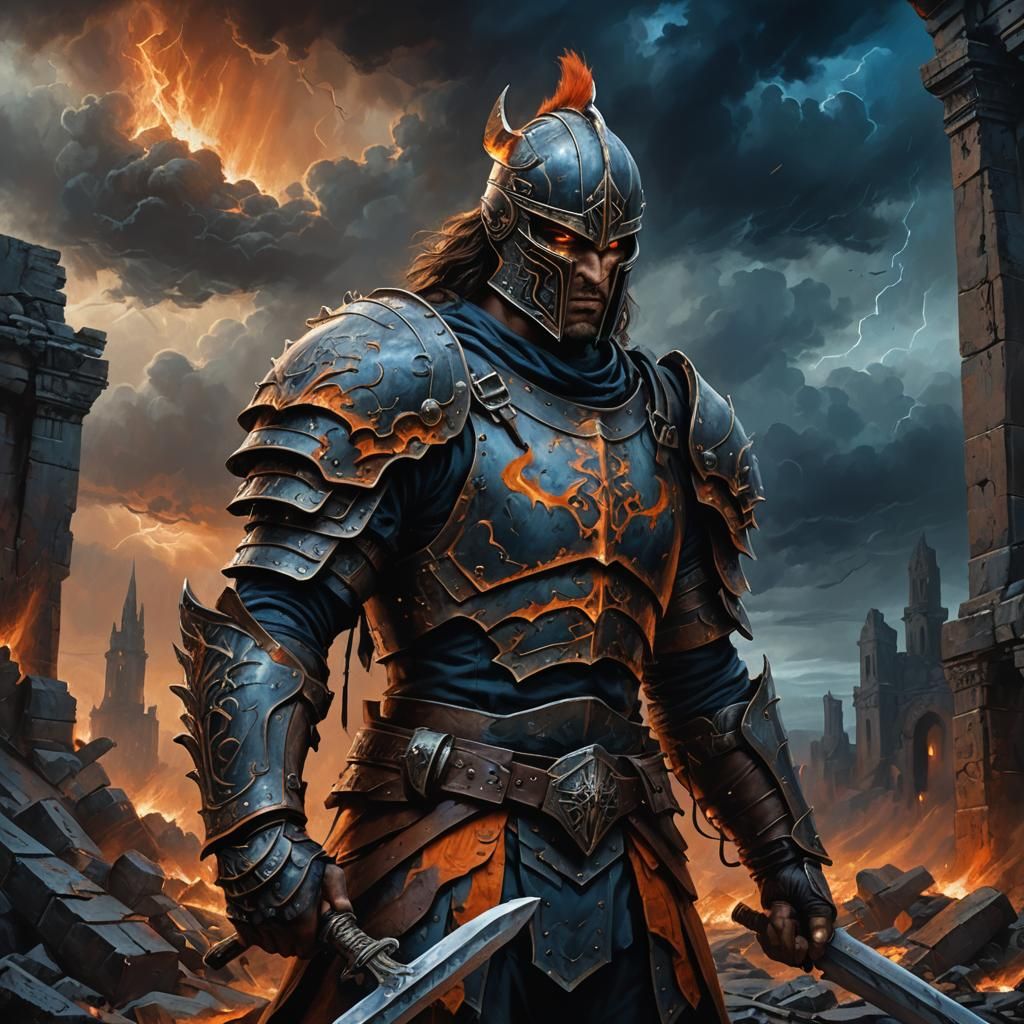 Intimidating Dark Fantasy Warrior in Ruins