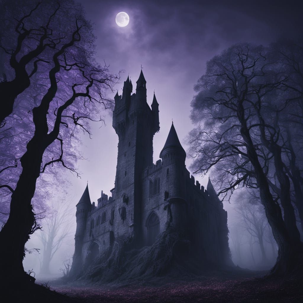 Eerie Castle Ruins in Misty Gothic Landscape