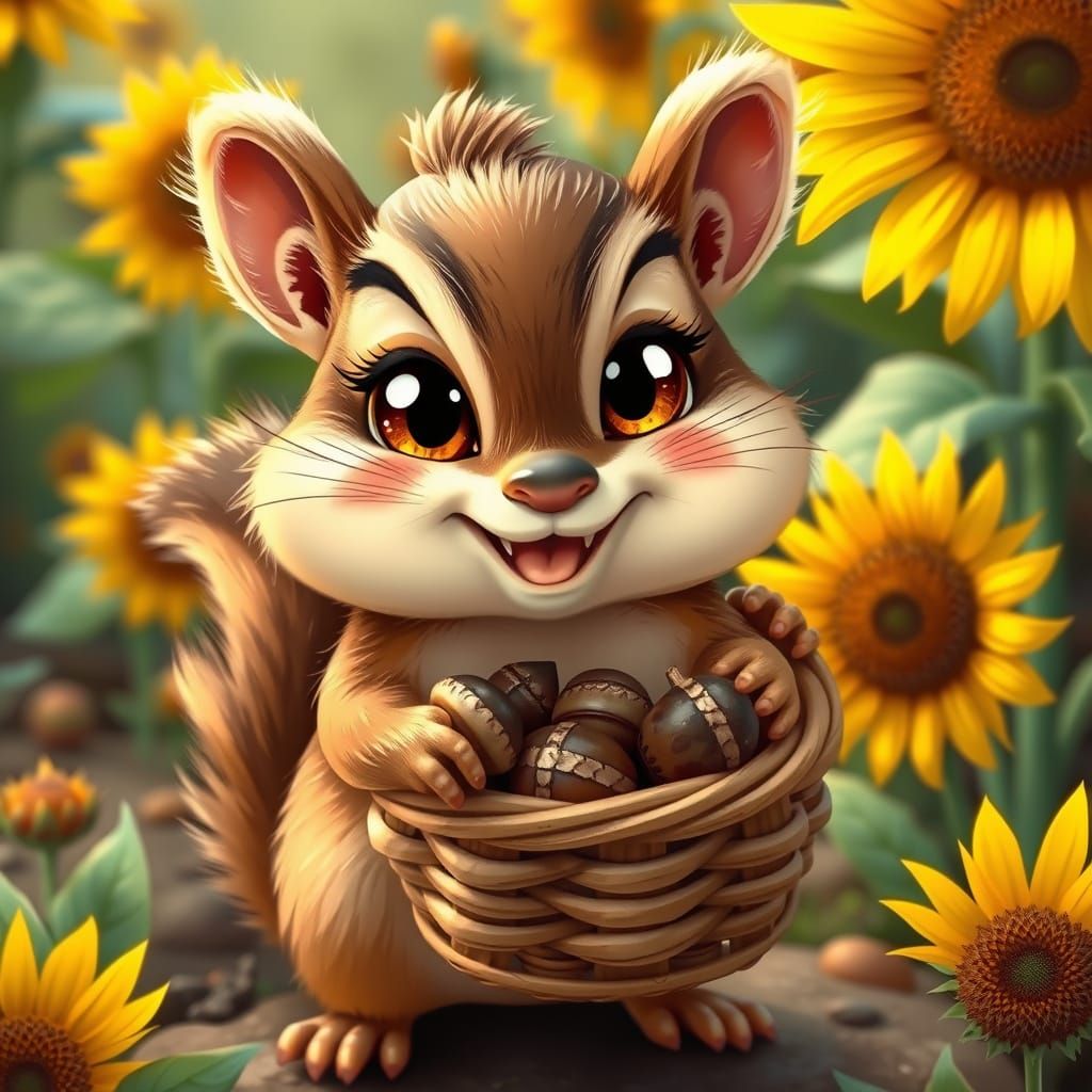 Cute Chipmunk with Acorns in Sunflower Garden