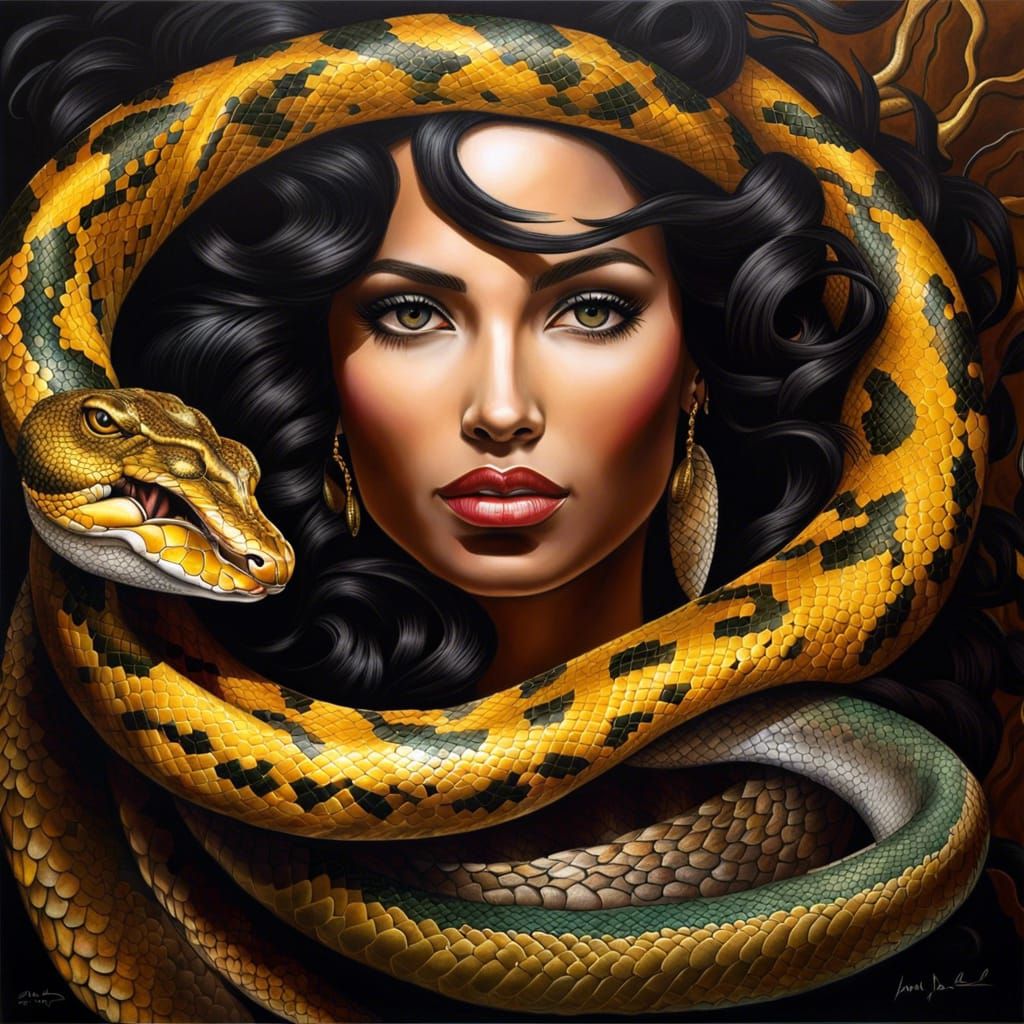 Mesmerizing Woman with Python in Opulent Fantasy Art