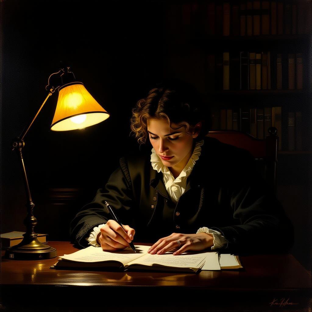 Writer Deep in Thought at Desk, Oil Painting Style