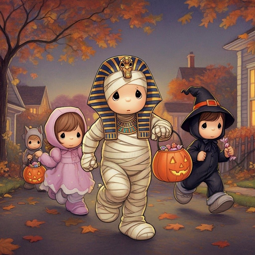 Whimsical Mummy Chasing Trick-or-Treaters, Storybook Illustr...