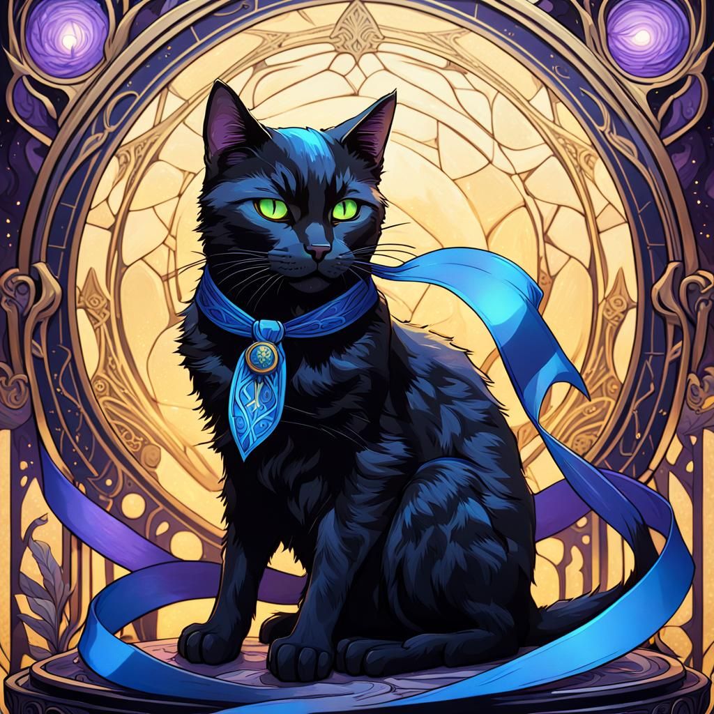 Black Cat with Blue Ribbon in Art Nouveau Style