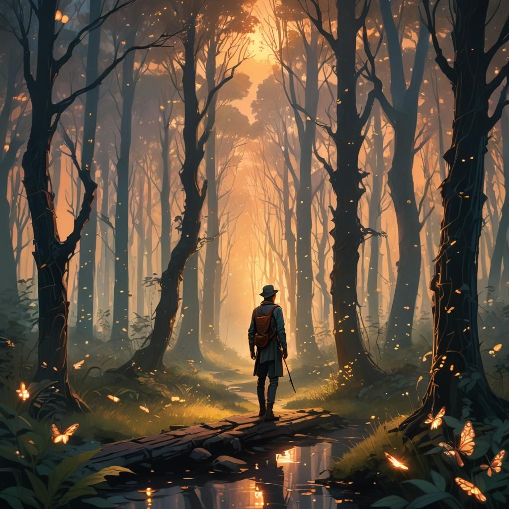 Art Deco Adventurer at Sunset in Mystical Forest