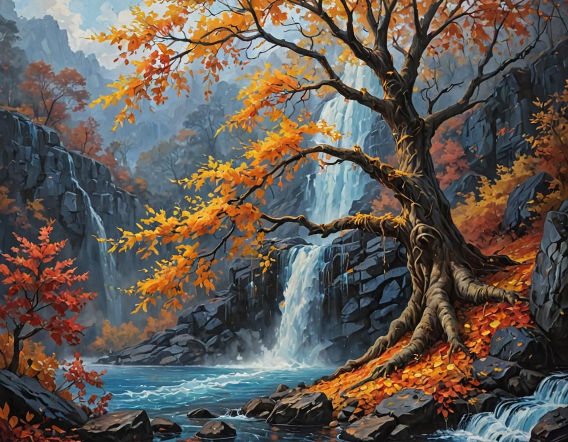 Autumn Tree and Blue Waterfall in Oil Painting Style