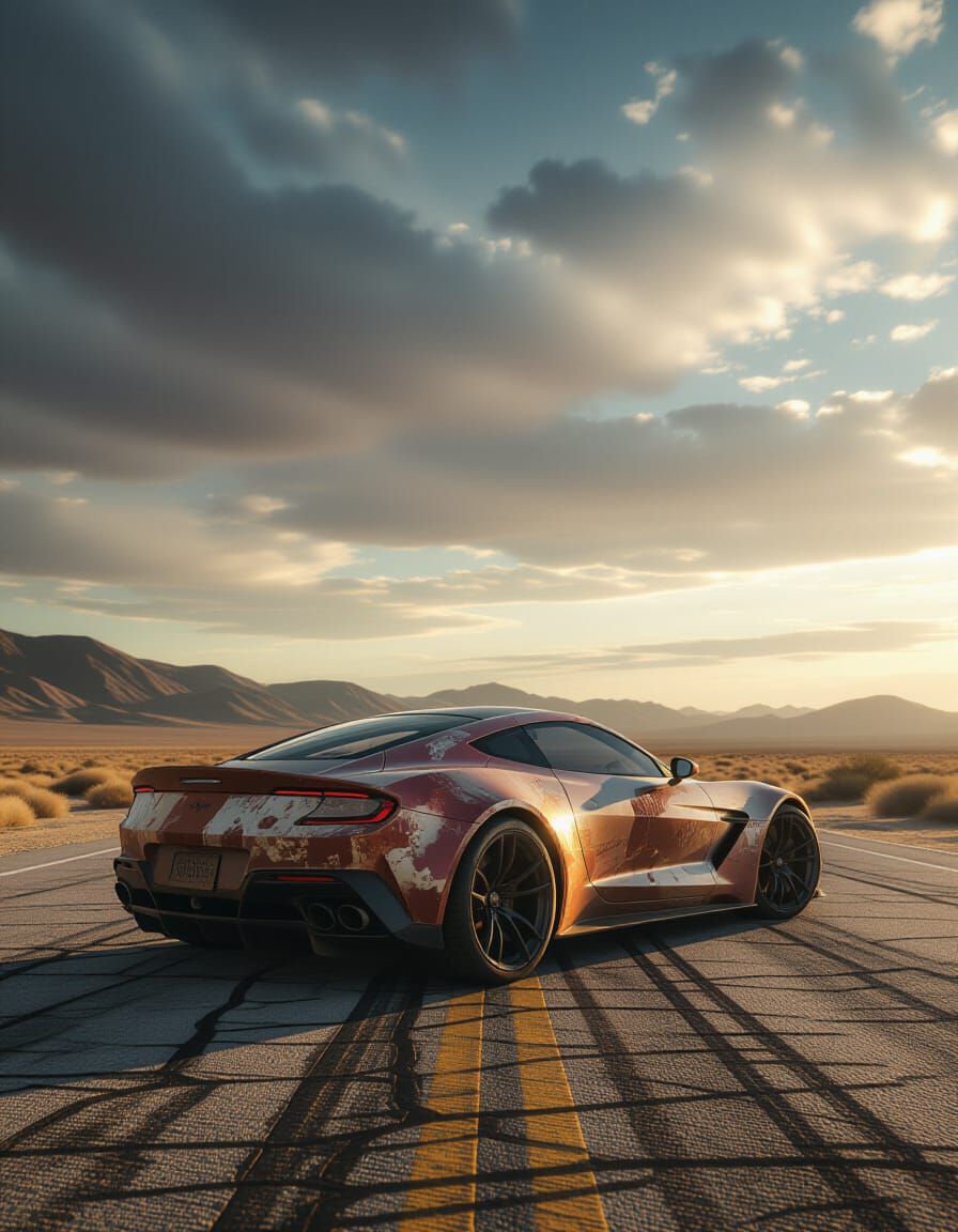 Weathered Sports Car on Desert Highway