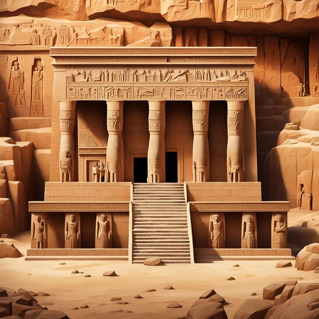 Mortuary Temple Carved into Sandstone Cliffs: Hyperrealistic...