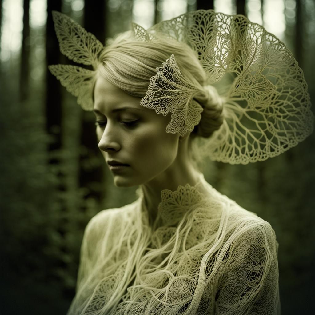 Intricate Double Exposure of Fibre Art and Landscape