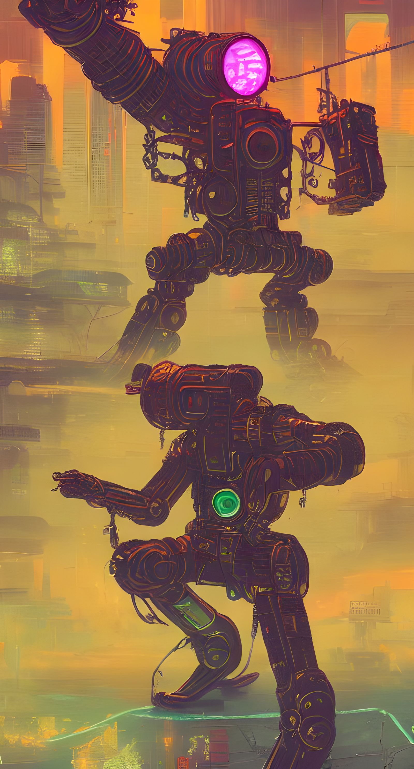 Psychedelic Cyberpunk Steampunk Mech Fight