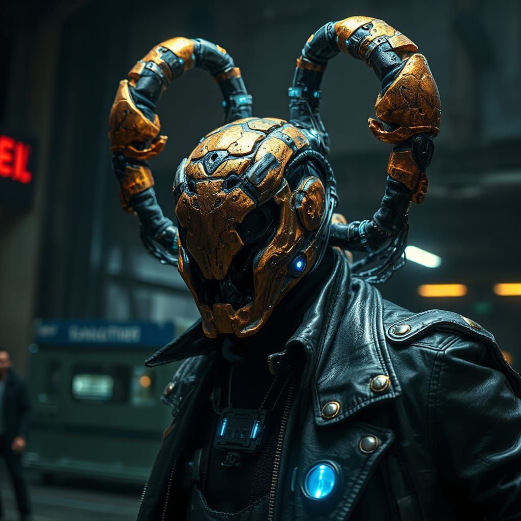 Cyberpunk Scorpion Man in Gritty Neon City