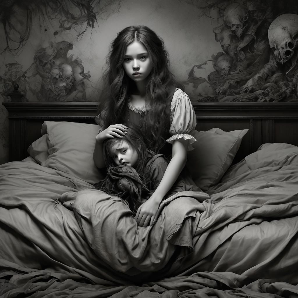 Scared Sisters in Dark Bedroom, Hyperdetailed Charcoal Art