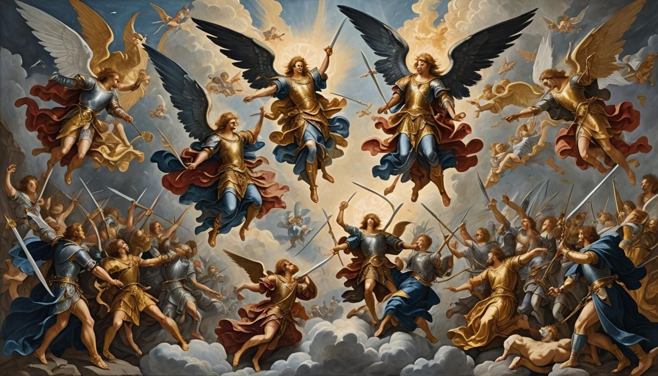 Archangels in Celestial Battle: Renaissance Oil Painting