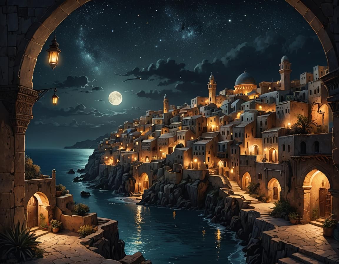 Mystical Mediterranean Town at Night: Dark Fantasy Art