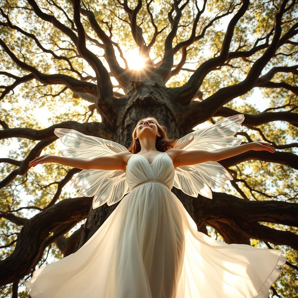 Ethereal Woman Soars Through Tree Top Towards Sunlight