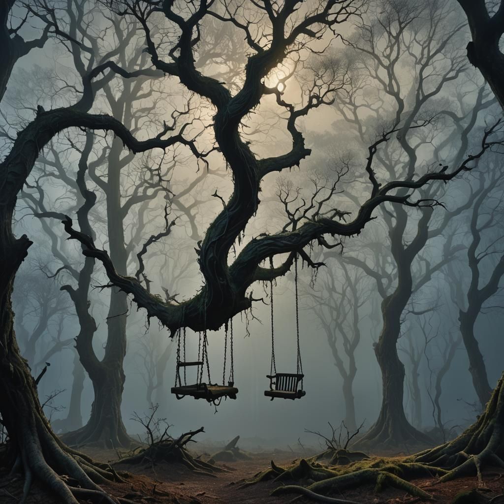 Eerie Twilight: Swing in a Haunted Forest