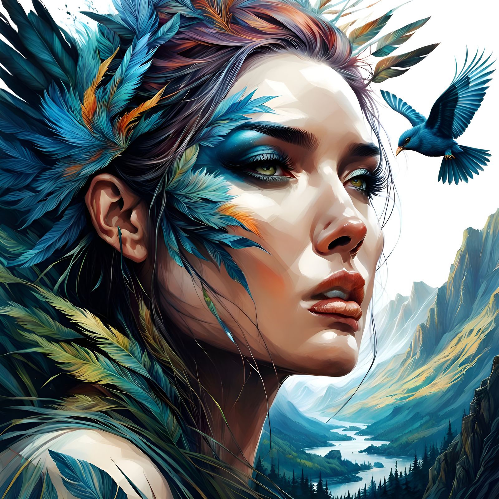 Fantasy Landscape with Birds in Hyperdetailed Style