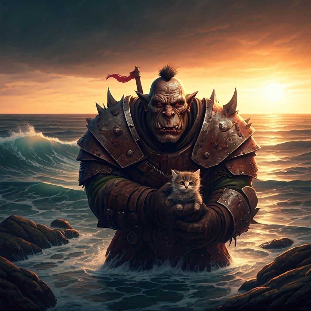Ork Warrior Rescues Kitten from Stormy Sea