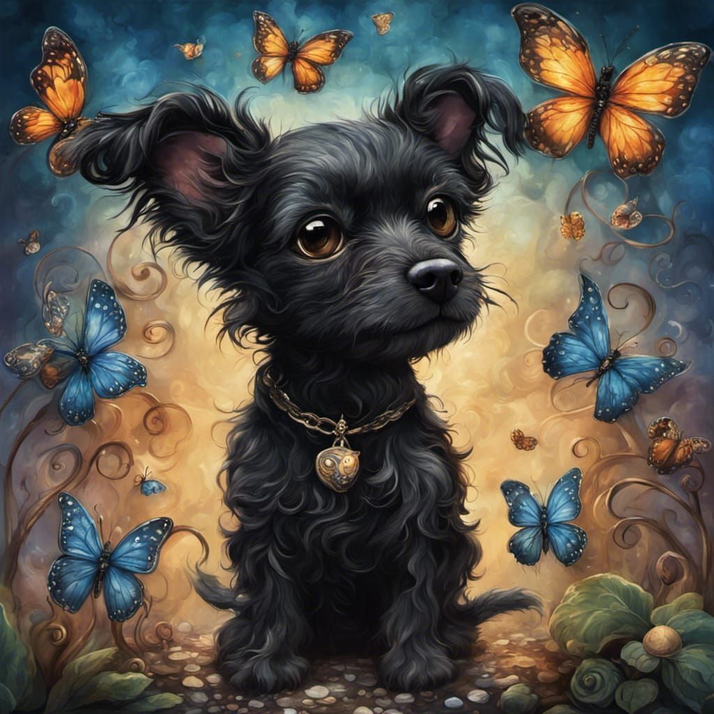 Chibi Black Dog with Butterflies in Surreal Style