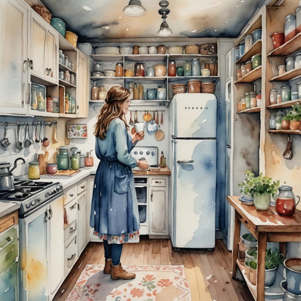 Watercolor Woman in Boho Kitchen Looks in Fridge