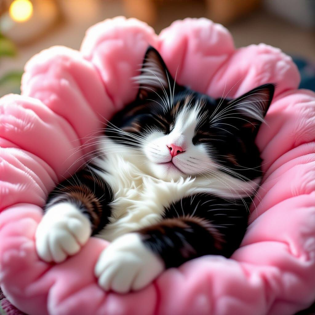 Realistic Cat Sleeps in Pink Paw Bed