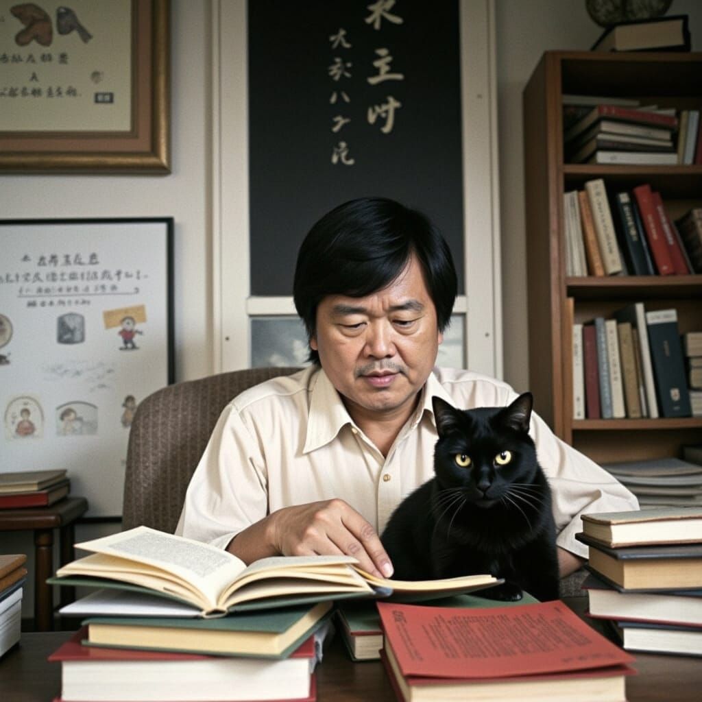 Tatsuya Nakai as the schoolteacher Kusami surrounded by book...
