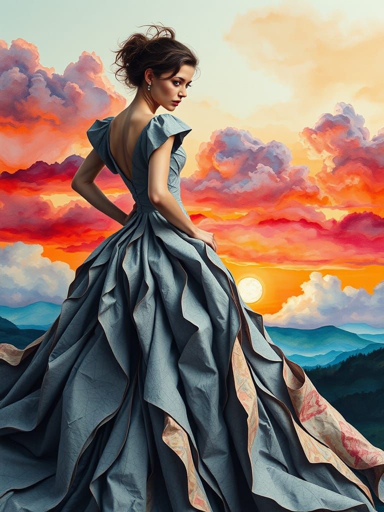 Surreal Woman in Crumpled Paper Couture Gown