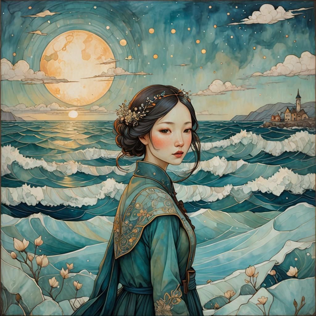 Encaustic Painting of Woman at Icy Horizon